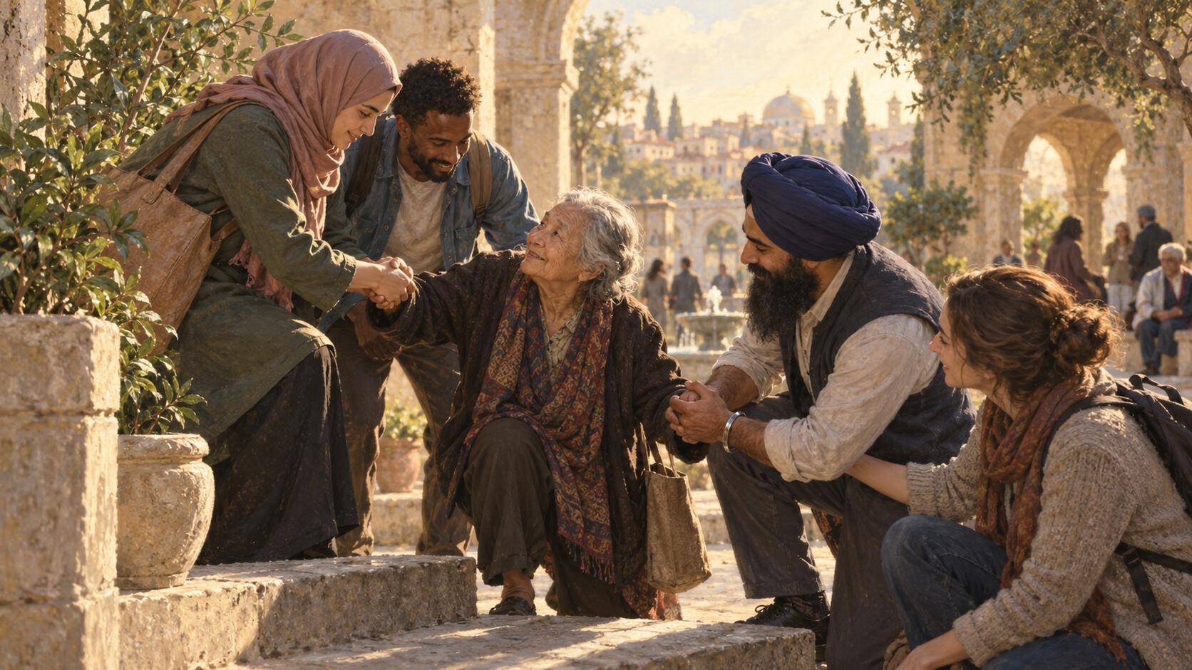 Five people of different backgrounds, including a woman in a hijab and a man in a turban, kneel together on stone steps to greet and hold hands with an elderly woman, with a historic old-city skyline in the background