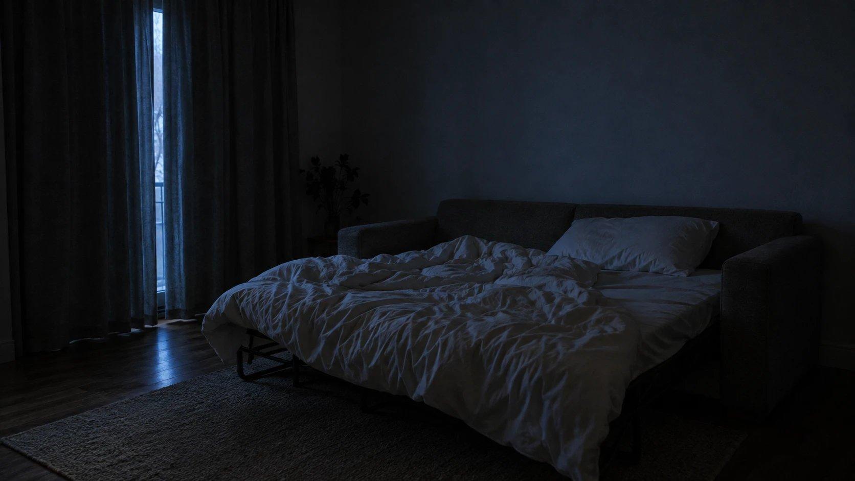 An unmade sofa bed in a dark living room, lit only by a little evening light through the curtains