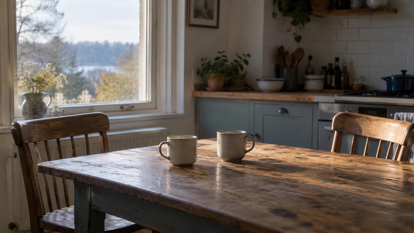 Two cream mugs on a worn wooden kitchen table between two empty chairs, lit by low sunlight from a window